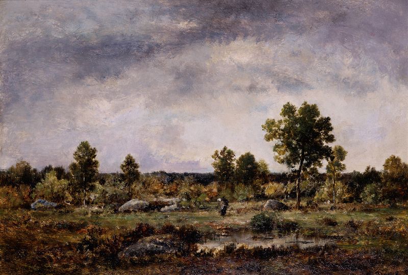 Clearing in the Forest de Narcisse-Virgile Diaz de La Peña, óleo sobre lienzo que representa una escena forestal serena.