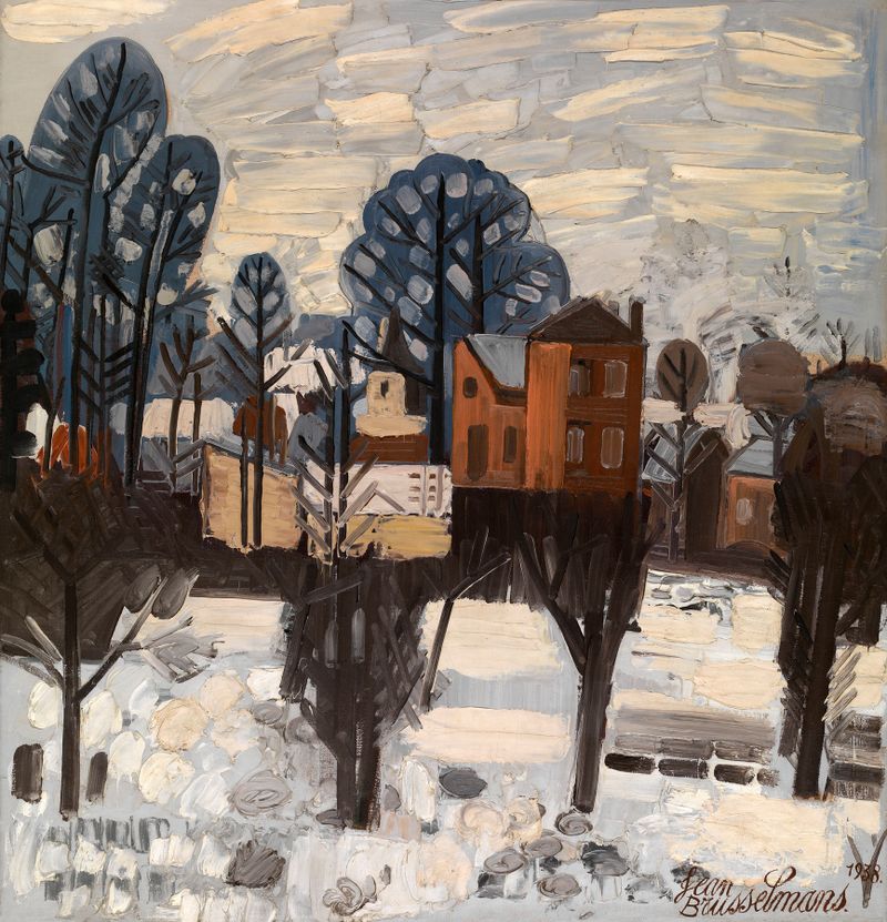 Paisagem nevada de Jean Brusselmans, pintura a óleo que retrata uma cena invernal serena.