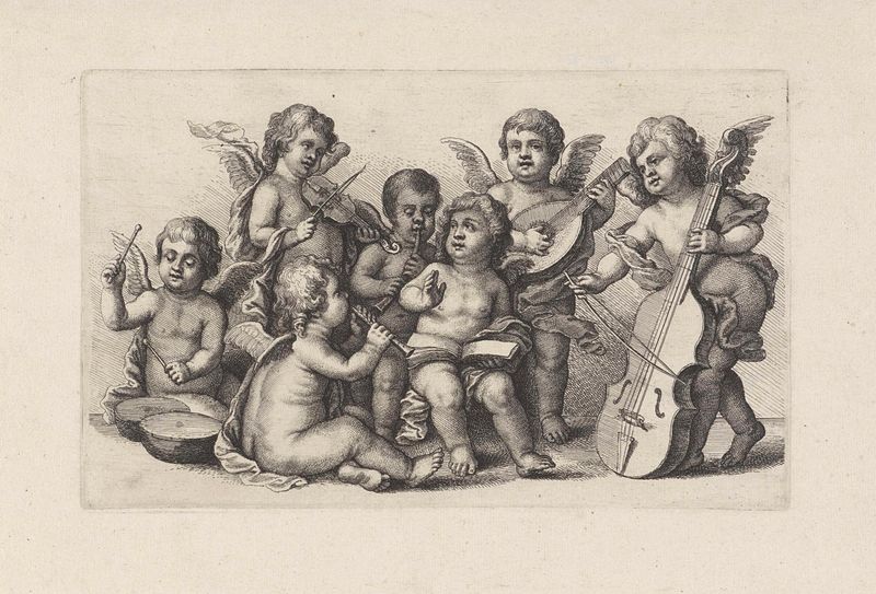 Grabado de Wenceslaus Hollar que muestra querubines tocando música entre nubes