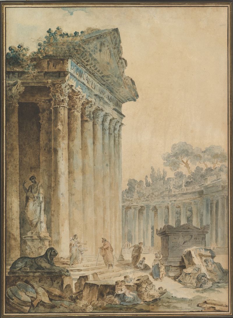 Capriccio con un Templo Antiguo de Hubert Robert, óleo sobre lienzo, que representa ruinas antiguas bajo un cielo dorado.