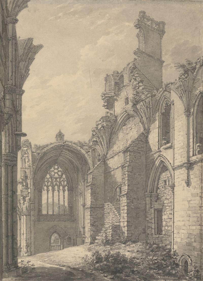 Transept of Melrose Abbey by Thomas Hearne, depicting architecture in an unknown medium.