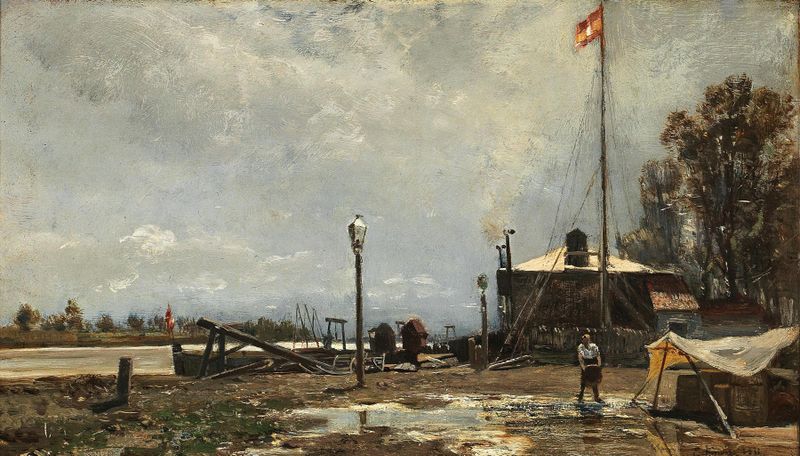 Steamboat Station on the Danube near Kaisermühlen de Emil Jakob Schindler, óleo sobre lienzo