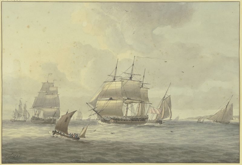 Marine scene with a three-masted ship and sailboat by Dominic Serres, oil painting