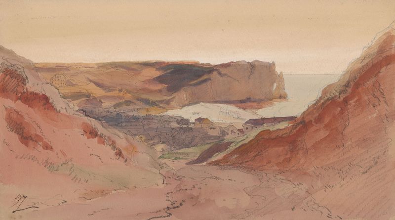 Vista de Étretat por Eugène Isabey, óleo sobre tela representando falésias e mar.