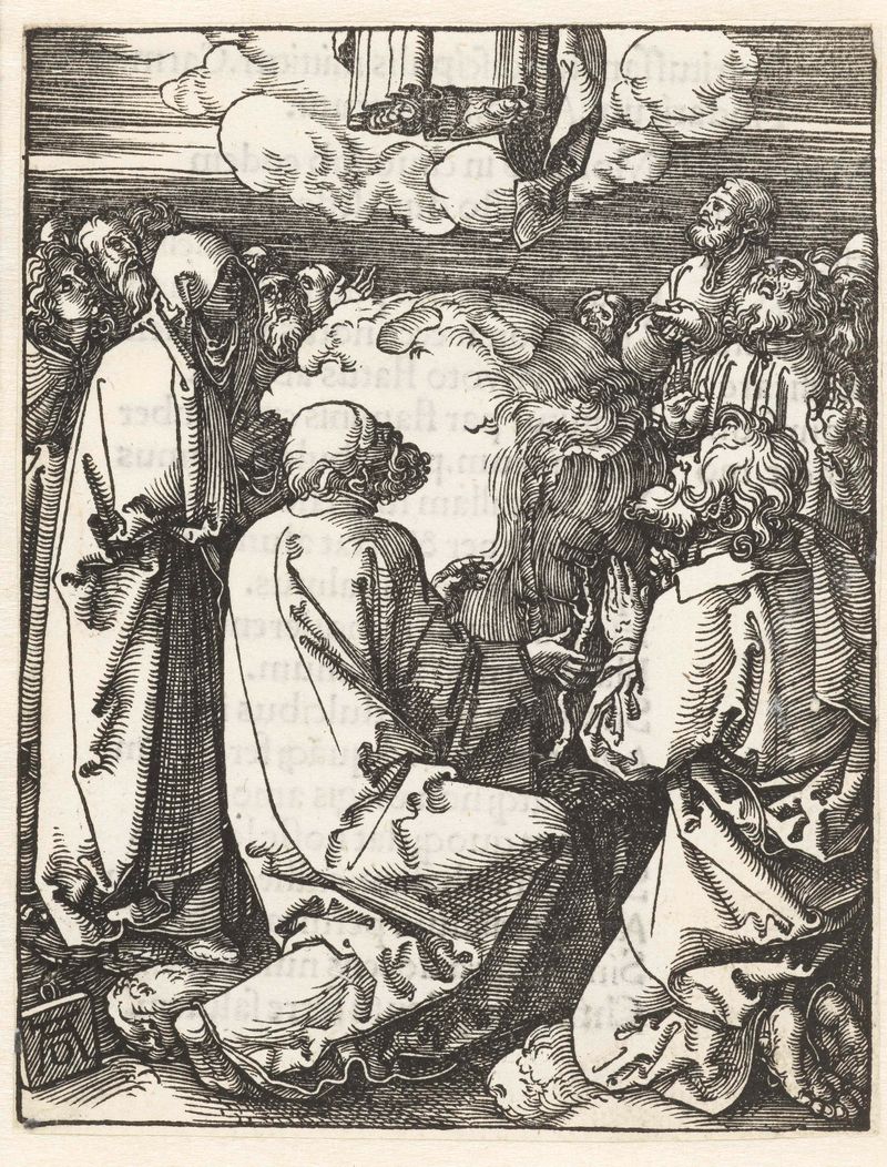 Gravura religiosa de Albrecht Dürer retratando a ascensão de Cristo contra nuvens turbulentas.