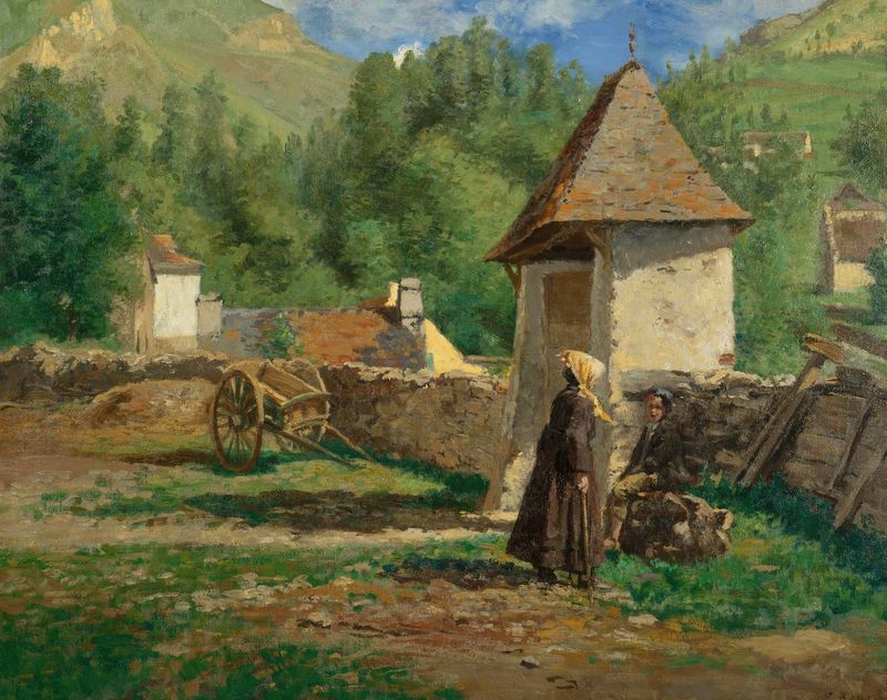 Pintura de paisaje al óleo de Henri Stanislas Rouart con montañas y un cielo azul.