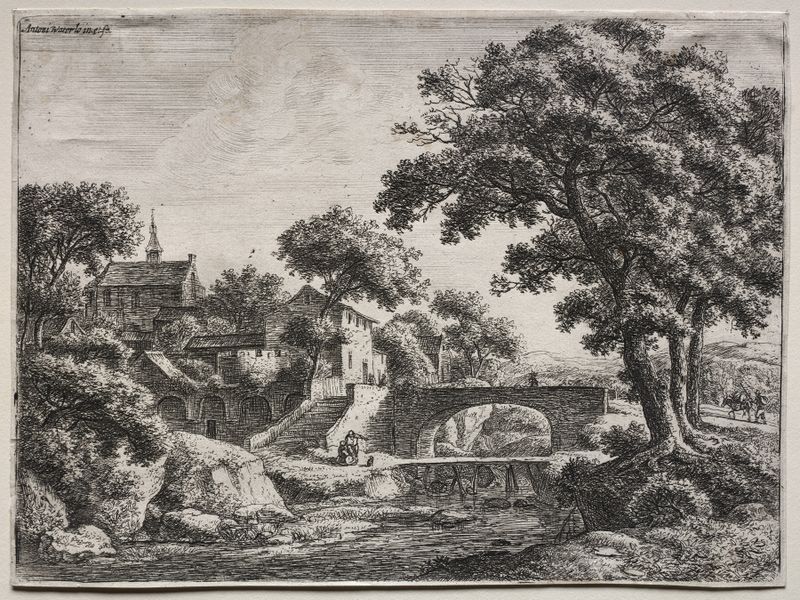 Paisaje con dos puentes sobre un río, óleo sobre lienzo de Antonie Waterloo