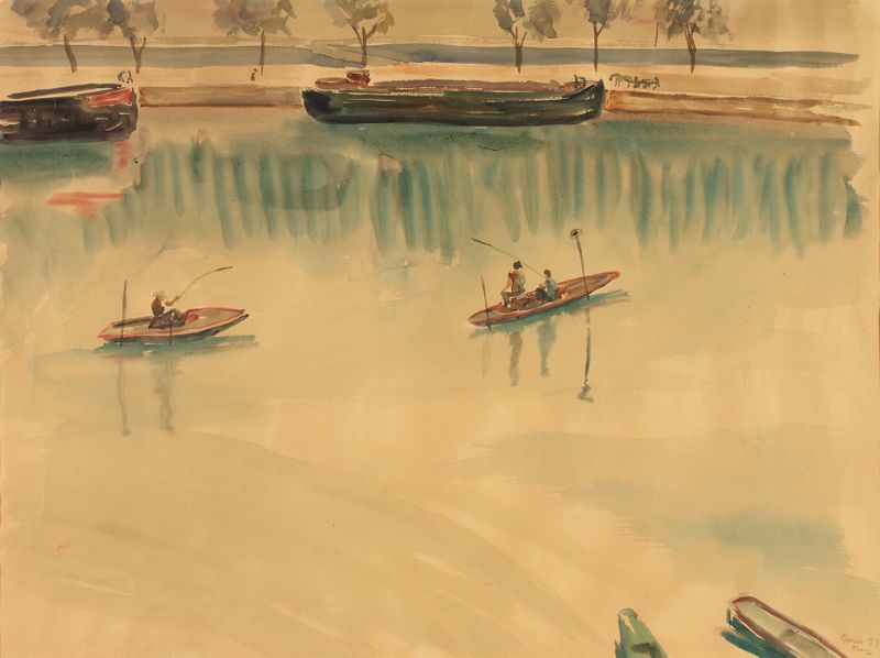 pintura a óleo de Franz Blum retratando barcos no rio Sena em Paris