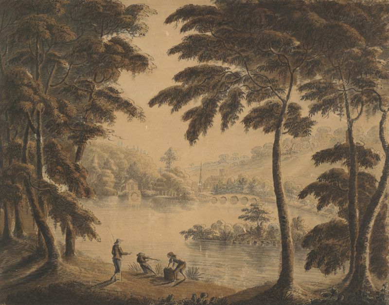 Lago tranquilo e colinas, óleo de Sir Richard Hoare