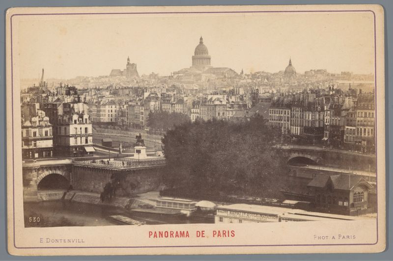 Impresión de albumen de Edouard Dontenville que muestra un paisaje de París con un río al anochecer.