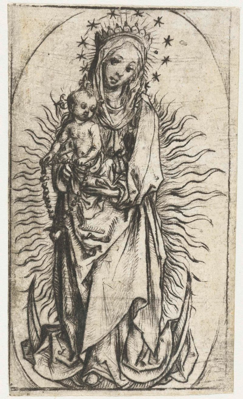Madonna con corona de estrellas y rosario sobre media luna, drypoint de Meester van het Amsterdamse Kabinet