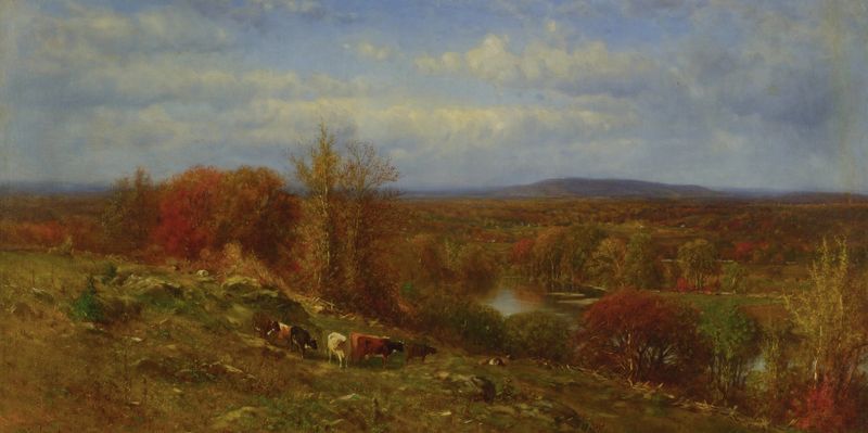 Autumn landscape oil painting by James McDougal Hart featuring vibrant leaves.