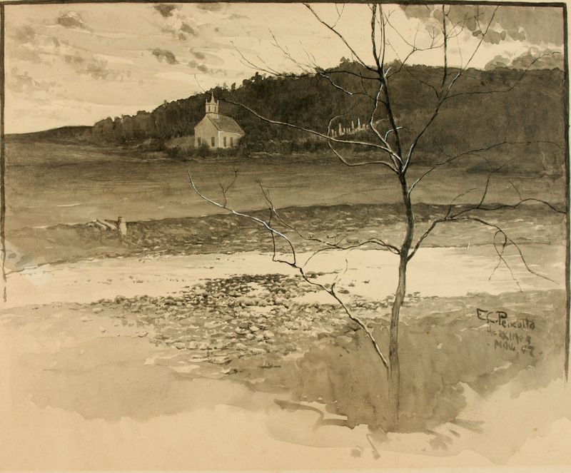 Herkimer de Ernest Peixotto, óleo sobre lienzo que representa un paisaje sereno con azules profundos y tonos tierra.