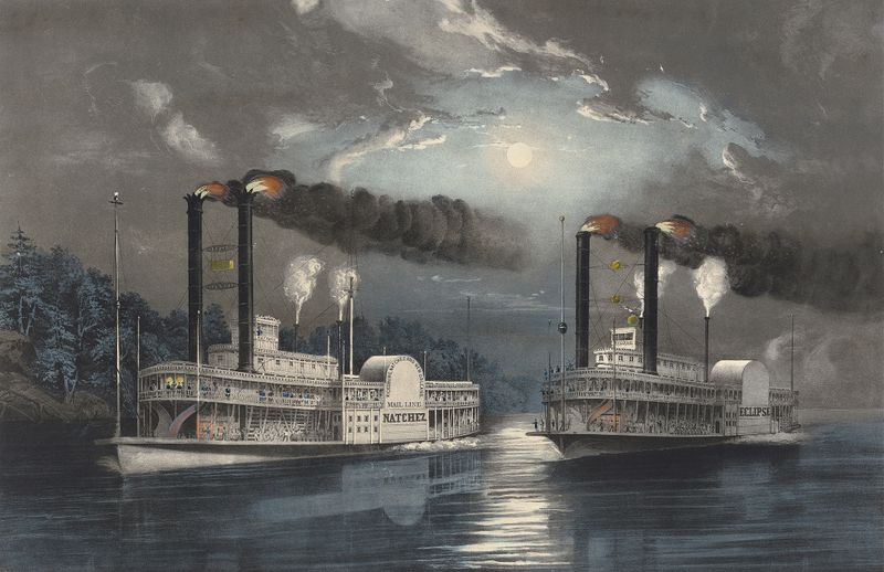 A Midnight Race on the Mississippi lithograph by Frances Flora Bond Palmer showing steam boats on a river at night.