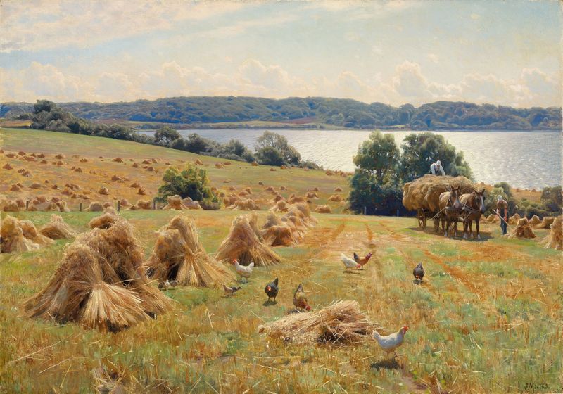 Harvest Near Tulstrup de Peder Mørk Mønsted, óleo sobre tela retratando trabalhadores em campos dourados