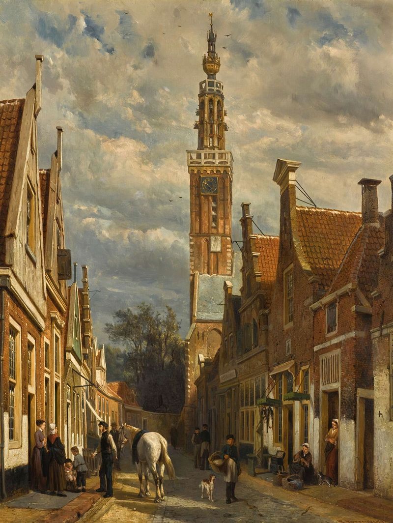 The carillon tower in Edam, oil on canvas by Cornelis Springer, showcasing detailed architecture and sunlight.