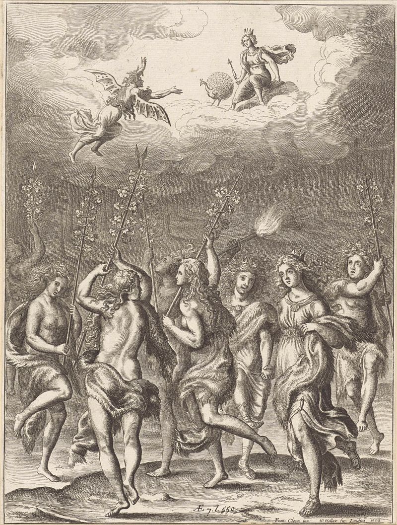 Koningin Amata en haar dochter Lavinia dansend met de bacchanten, grabado de Wenceslaus Hollar