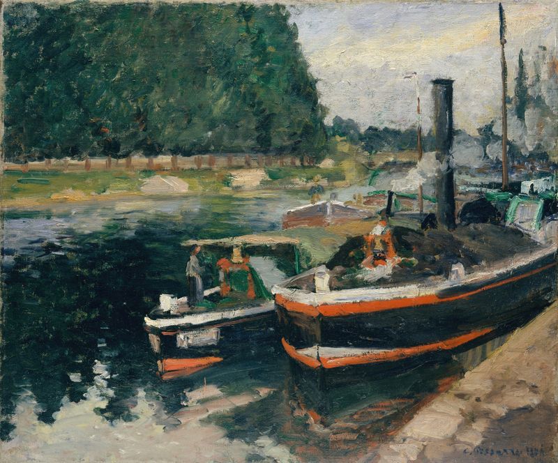 Barges at Pontoise de Camille Pissarro, pintura a óleo que retrata uma paisagem fluvial com árvores e barcos.