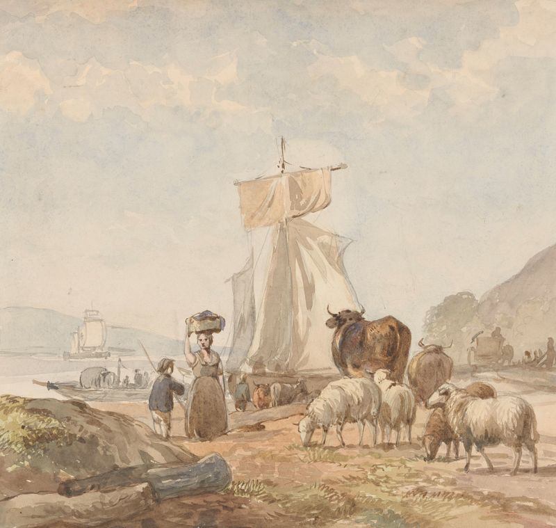 Figures by the riverbank with cattle and a boat, oil painting by Julius Jacobus van de Sande Bakhuyzen