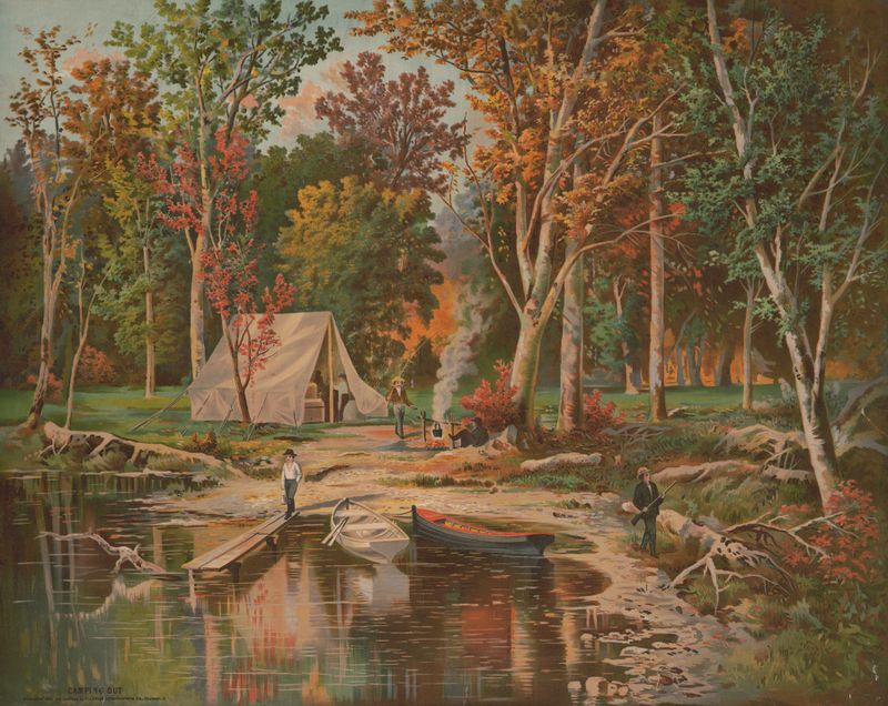 Camping Out lithograph by Krebs Lith. Co depicting a campsite under a starry sky