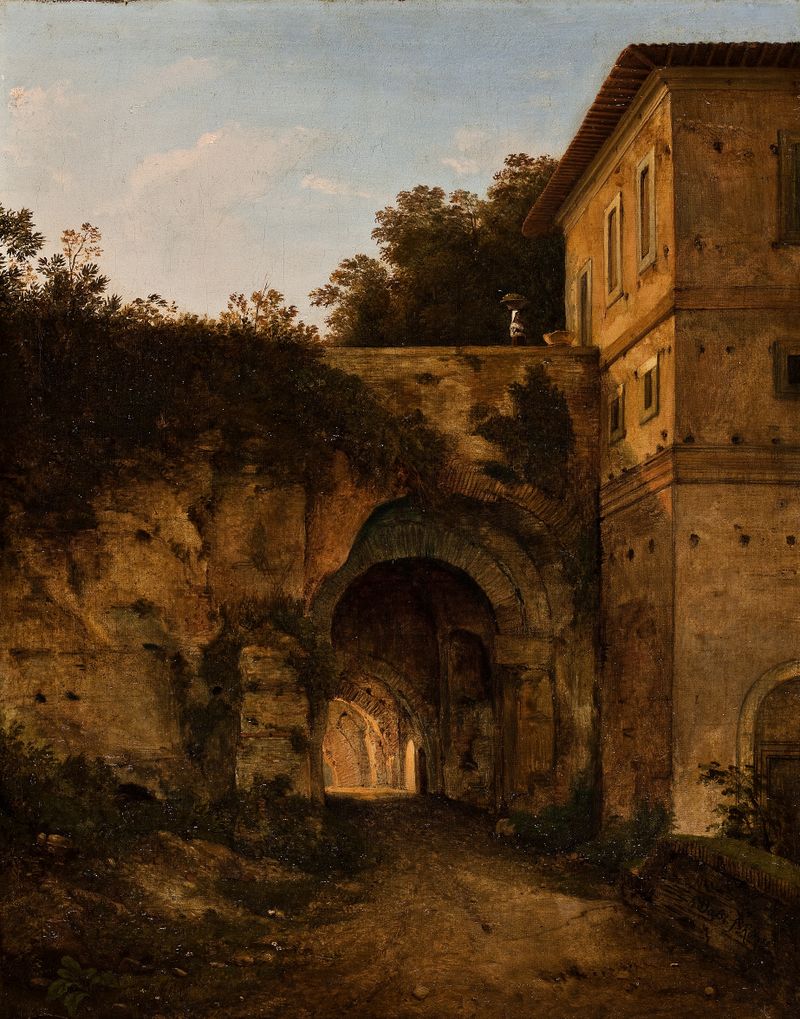 Ruins At Forum In Rome by Giambattista Bassi, oil painting of crumbled columns and a vast sky