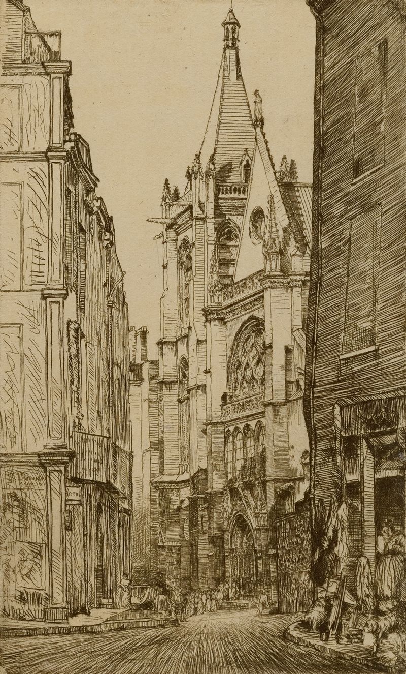 St. Severin, Paris de Donald Shaw MacLaughlan, óleo sobre lienzo que representa una catedral con vitrales