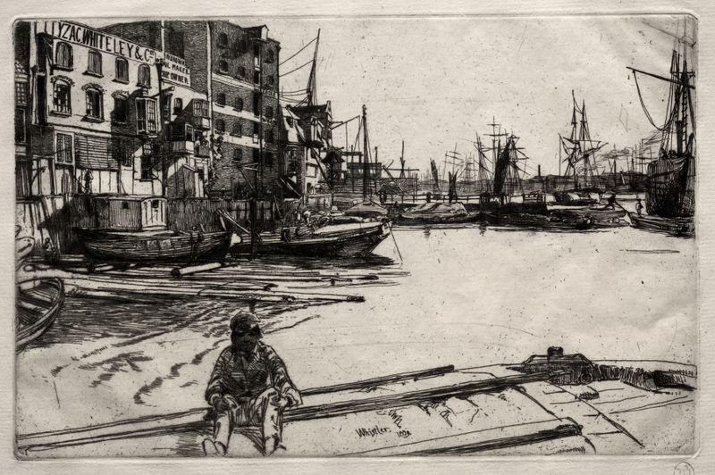 Eagle Wharf de James Abbott McNeill Whistler, pintura a óleo que retrata uma cena marinha tranquila.