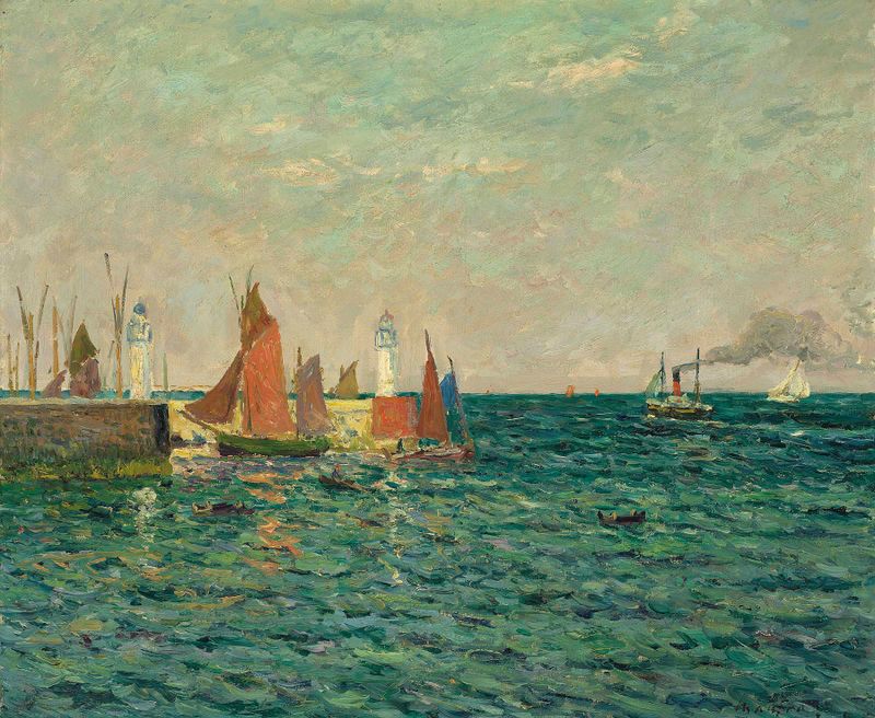 Entrée du Port de Palais de Maxime Maufra, óleo sobre tela representando um porto com um barco e a costa.
