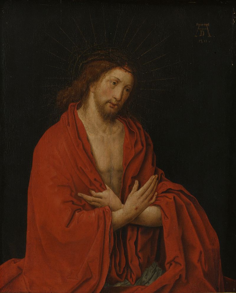 Cristo con la corona de espinas, óleo sobre panel de Lucas van Leyden, con un halo y expresión sombría.
