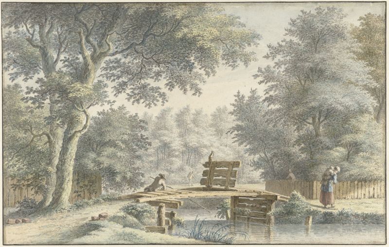 Landschap met een brug waarop een hengelaar, oil on canvas by Gerard van Rossum