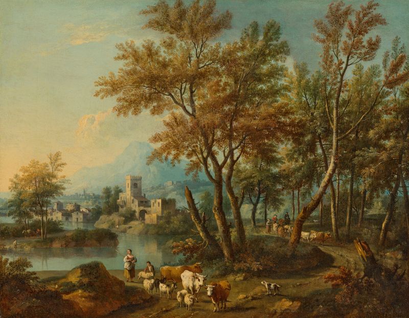 Rococo landscape with shepherd and shepherdess watering their flock by Giovanni Battista Cimaroli
