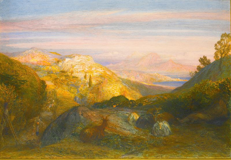 Paisaje con figuras en un camino, óleo sobre lienzo de Samuel Palmer