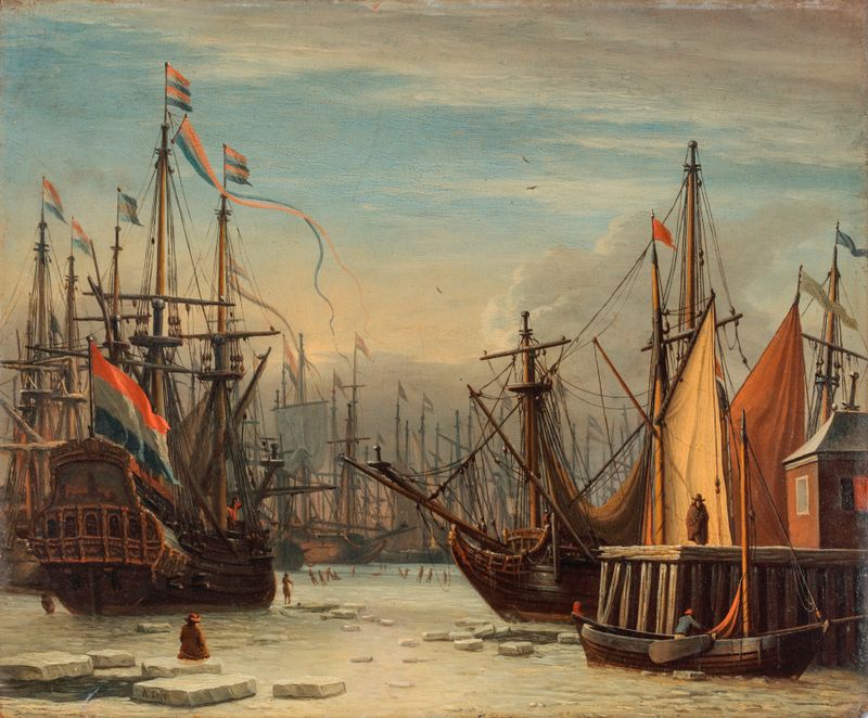 A view of the IJ harbour in winter, figures skating, by Aernout Smit, unknown medium