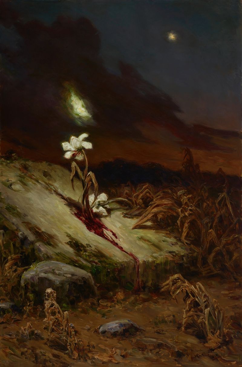 Tomb of a Suicide by Wilhelm Kotarbiński, figurative landscape featuring a tombstone in a somber setting