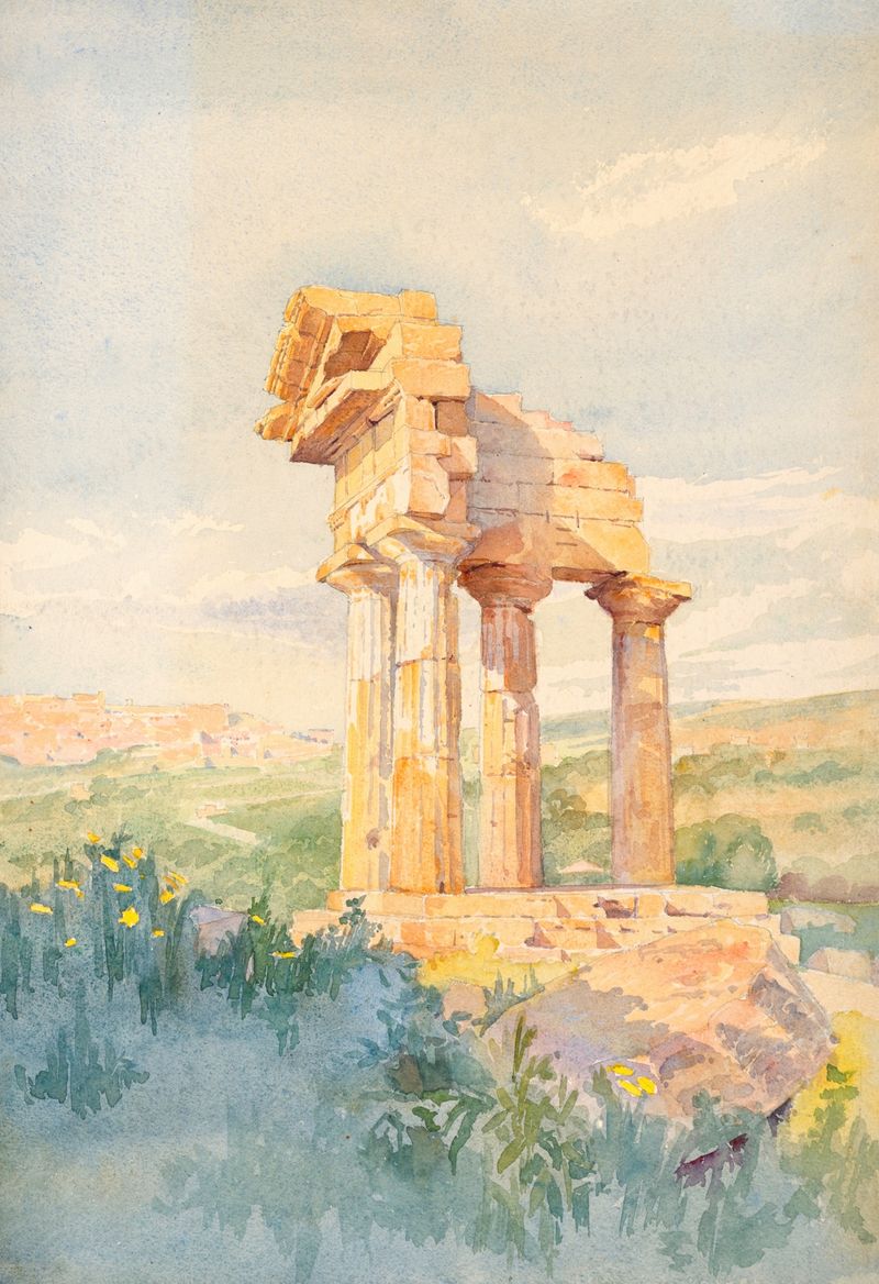 Templo de Castor e Pólux, óleo sobre tela de Julian Clarence Levi, apresentando colunas antigas à luz dourada.