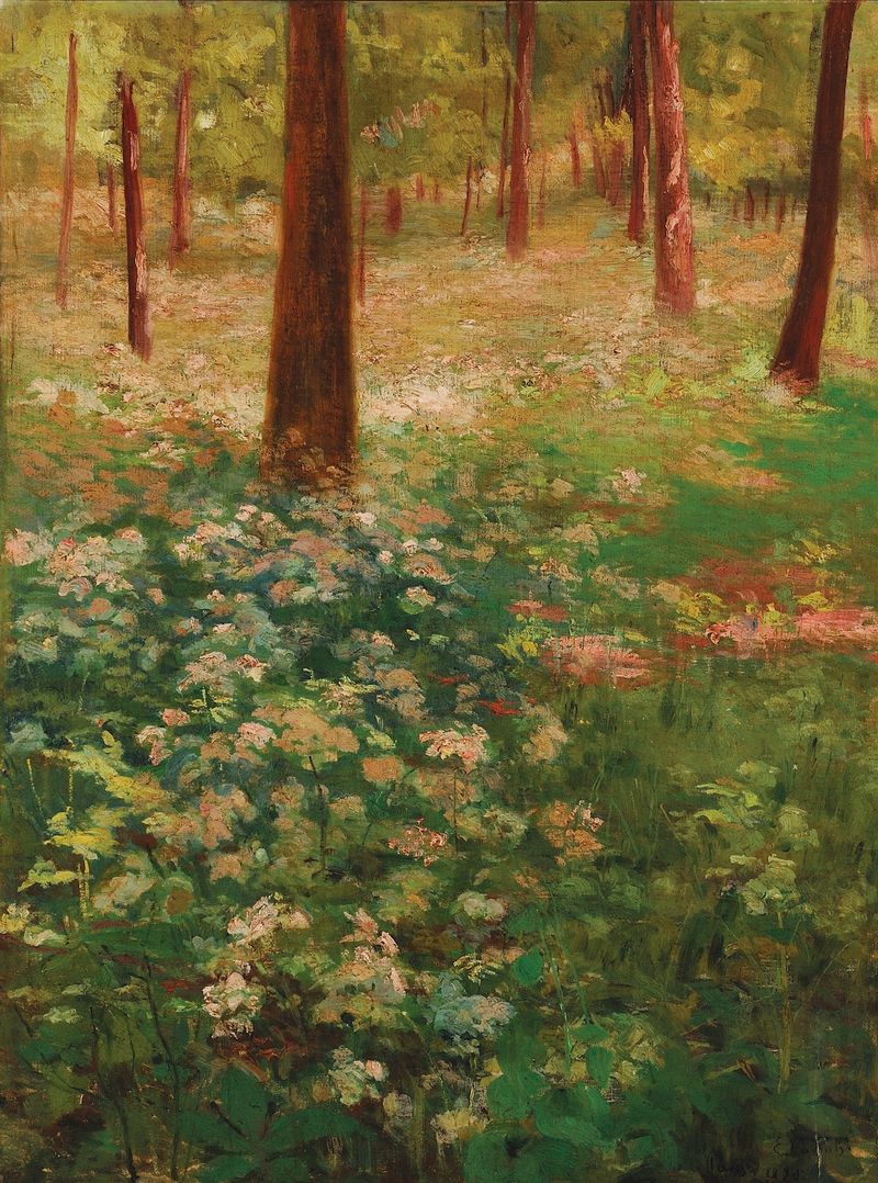 Primavera by Eliseu Visconti, oil on canvas, featuring a woman in ethereal fabrics surrounded by flowers.