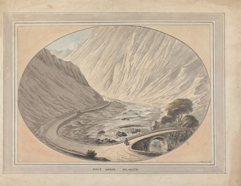 Watercolour by William Burgess depicting Pont Aber Glaslyn with reflections in the river