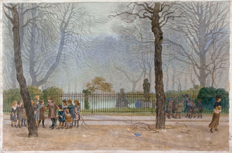 Genre scene with vibrant square and figures conversing, oil painting by Félix Brard