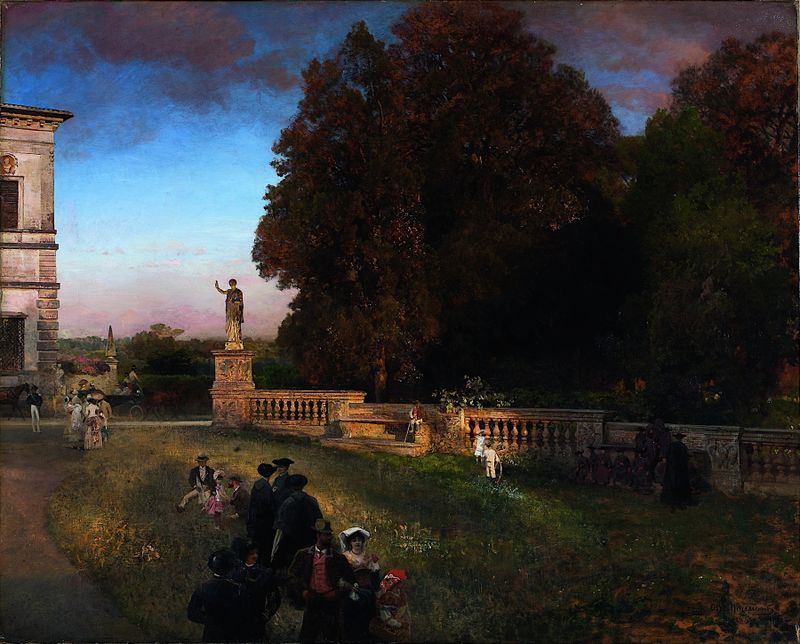 Pintura a óleo de Oswald Achenbach mostrando a luz do sol filtrando através das árvores.