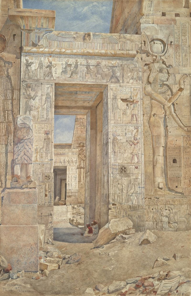 Temple on the Island of Philae by Henry Roderick Newman, oil on canvas, depicting a temple at dusk with reflections on water