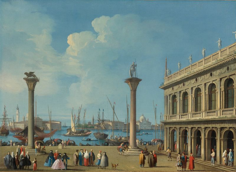 Rococo architecture scene by Giovanni Battista Cimaroli, featuring canals and reflections.