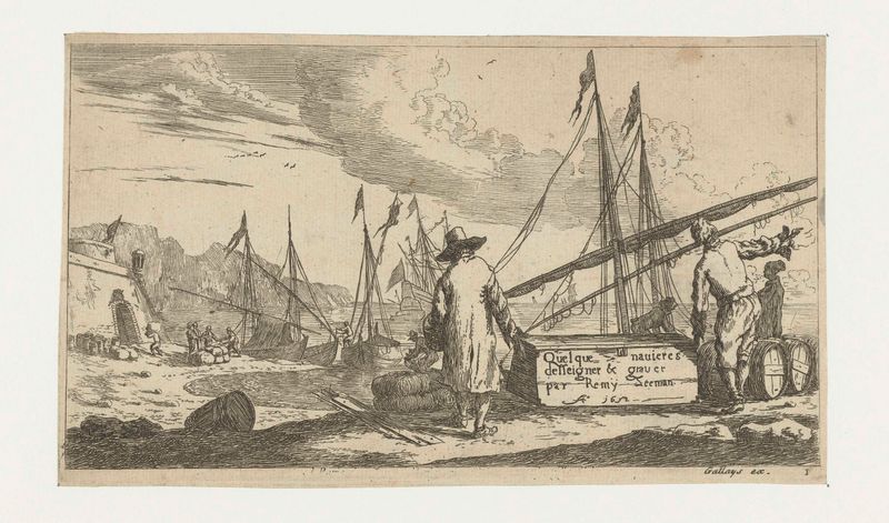 Haven aan de mediterrane kunst de Reinier Nooms, gravura que retrata um porto com barcos e reflexos na água.
