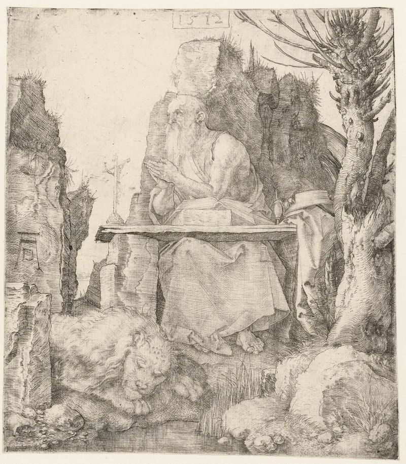 De Heilige Hiëronymus in de wildernis de Albrecht Dürer, drypoint, representa a San Jerónimo en un entorno salvaje.