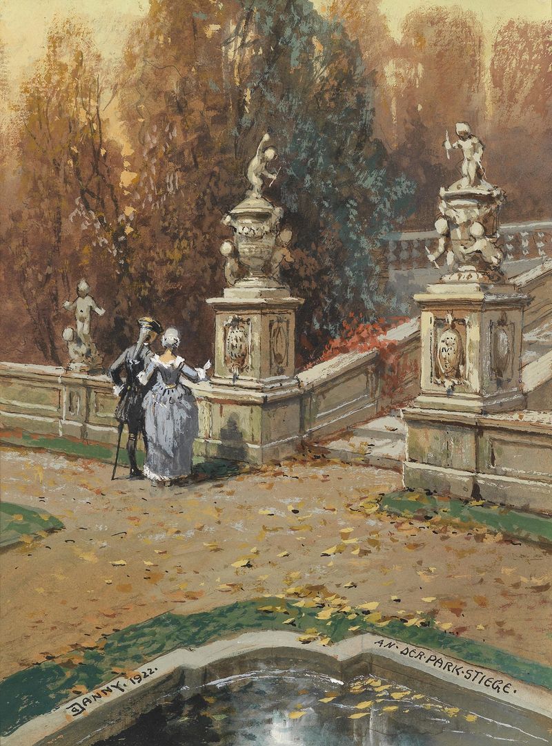 Landscape depicting stone steps and vibrant foliage, by Georg Janny, 1922