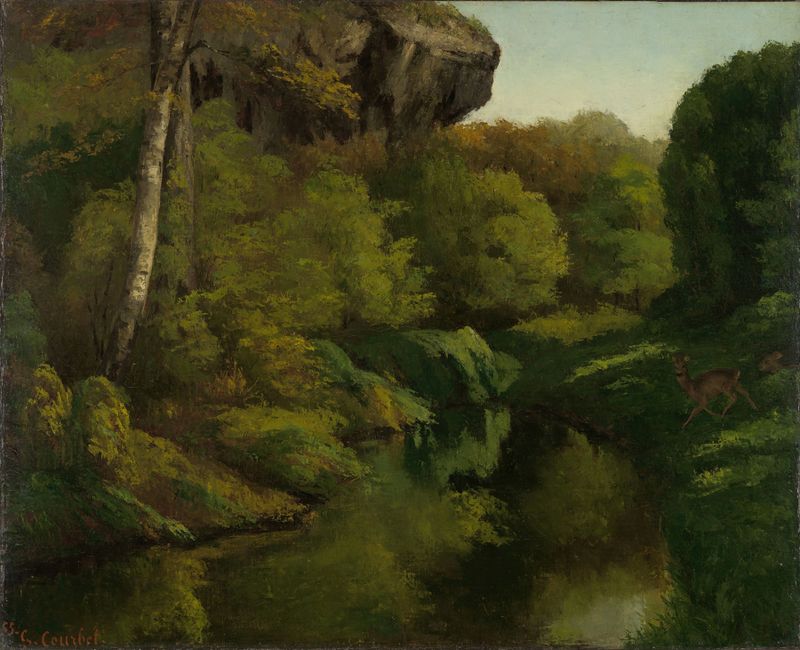 Oil painting of a forest scene with light filtering through trees by Gustave Courbet