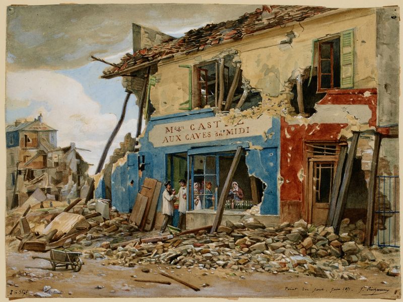 Landscape oil painting by Jules Richomme depicting dawn after conflict.