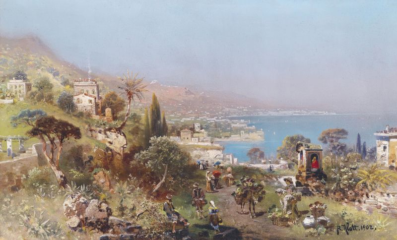 Genre scene depicting a southern harbor with merchants and sailors by Robert Alott, oil painting.