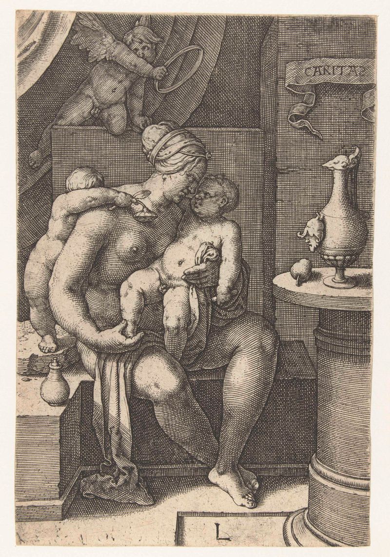Gravura Liefde de Lucas van Leyden mostrando uma figura masculina e feminina se abraçando.