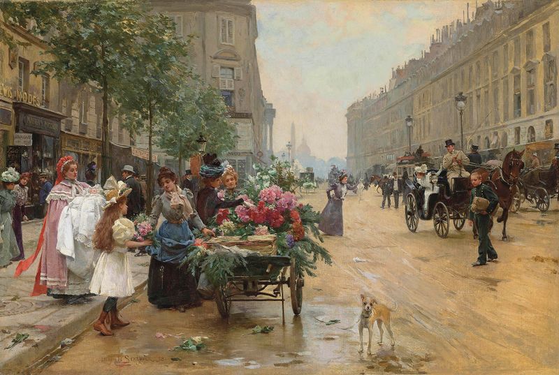 Rue Royale, uma pintura a óleo de Louis Marie De Schryver mostrando arcos elegantes e luzes de rua.