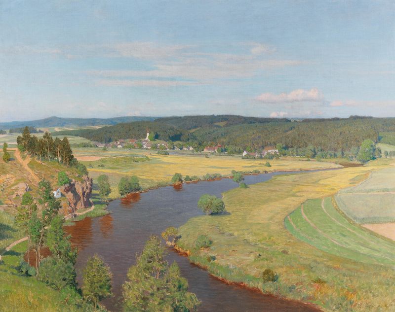 Landscape by Thomas Leitner, oil painting depicting the Thaya River with soft blue and green gradients.